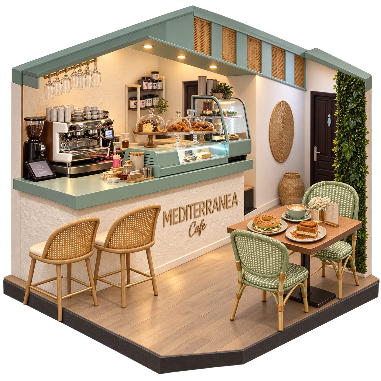 Ilustración isométrica de Mediterránea Café